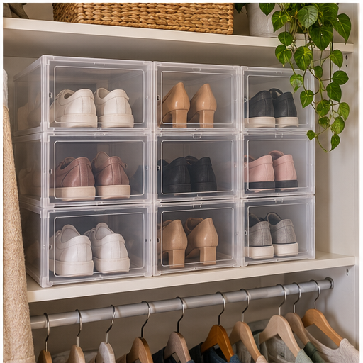 Clear shoe storage boxes in a small closet