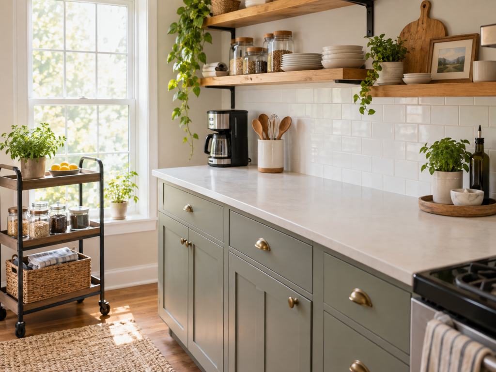 Small kitchen with clear counters, open shelves and rolling storage cart