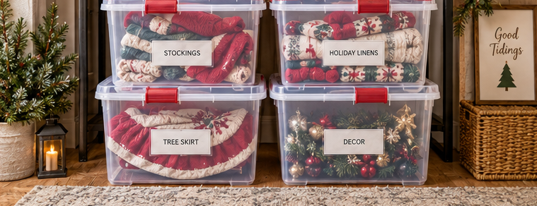 Clear stackable storage bins filled with Christmas decorations and holiday linens. Christmas storage solutions on amazon.