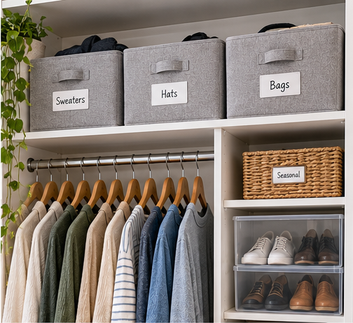 Closet shelves with medium storage bins for sweaters, hats, bags and seasonal items