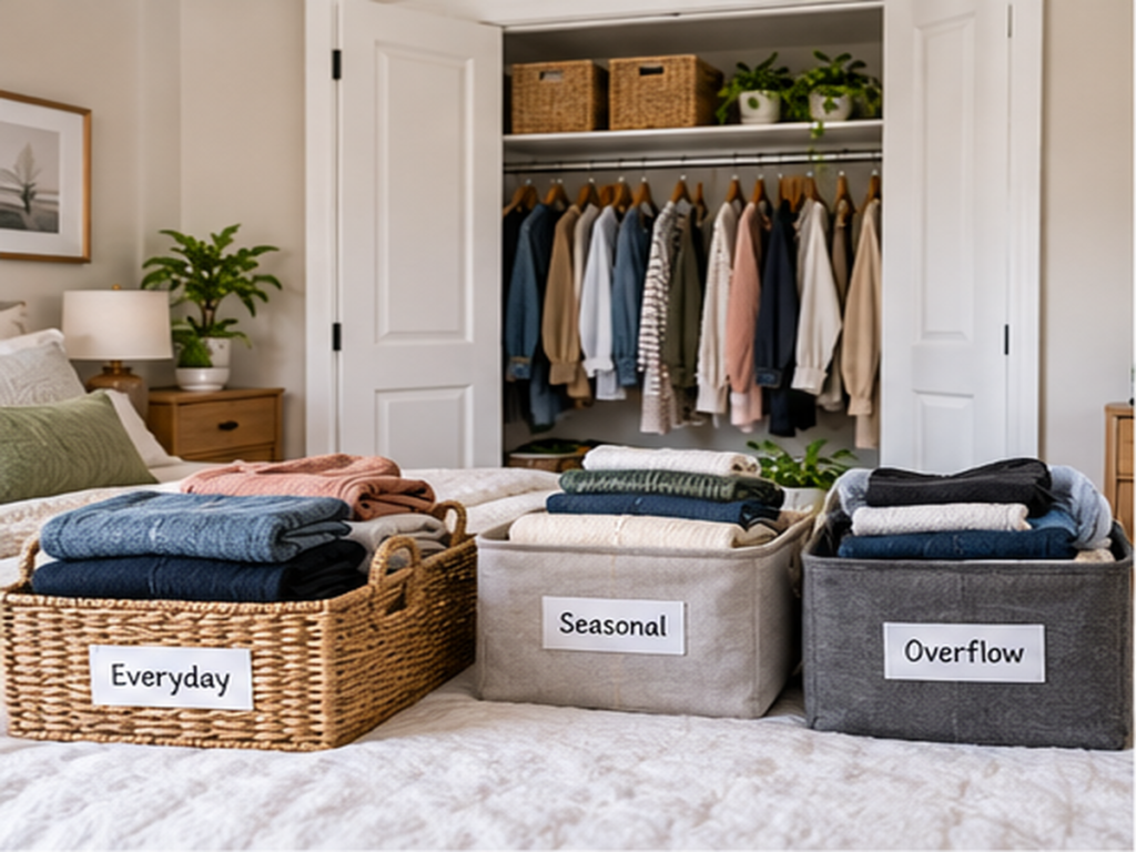 Small bedroom with everyday, seasonal, and overflow clothing storage zones