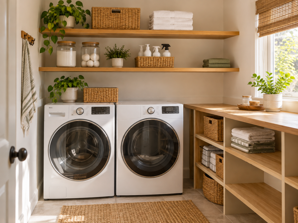 Finished compact laundry room with open shelves, side storage, baskets, and clear walkway