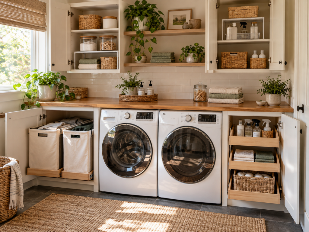Compact laundry room with open cabinets, pull-out bins, dividers, and detergent storage