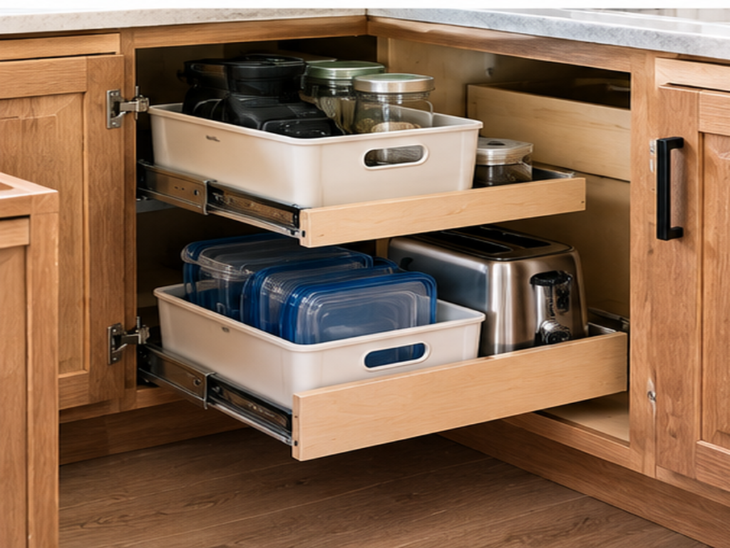 Deep corner cabinet with handled bins and sliding storage for kitchen supplies