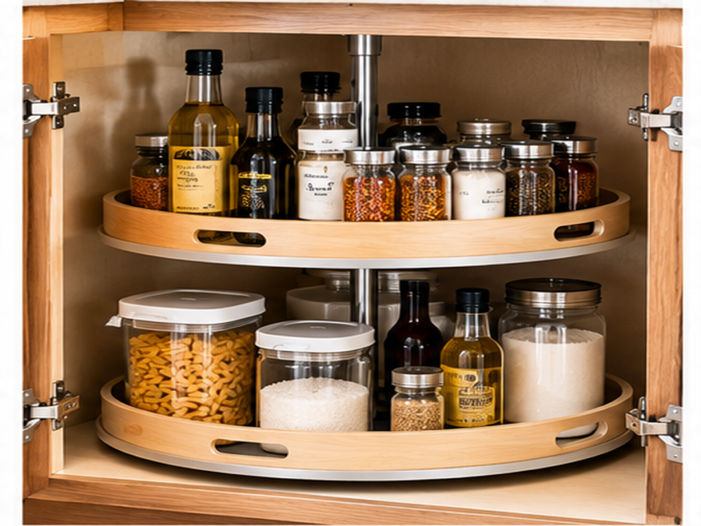 Corner kitchen cabinet with a lazy Susan holding oils, jars, condiments, and pantry items
