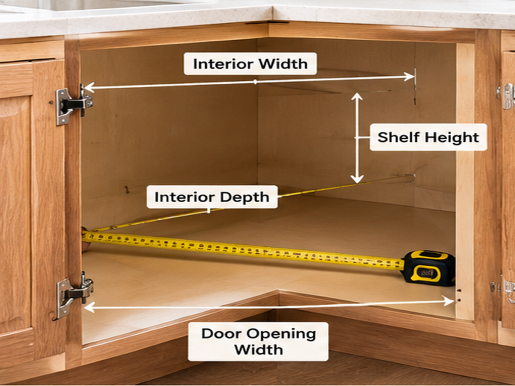 Measuring a corner kitchen cabinet for door opening, interior width, depth, and shelf height