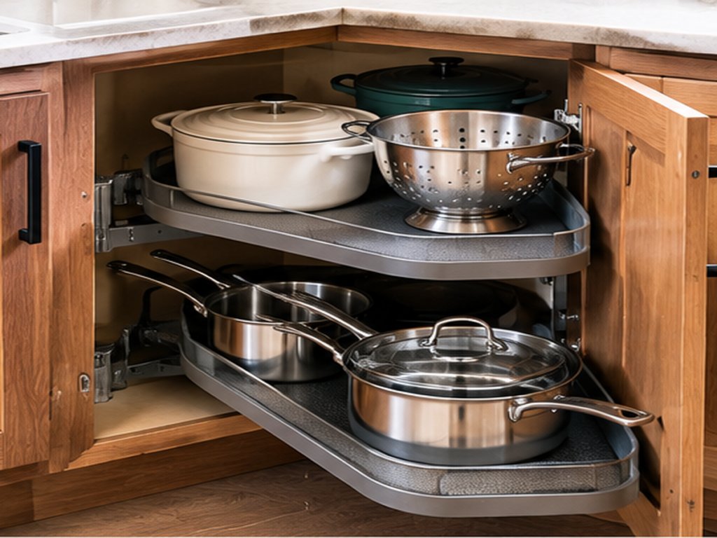 Blind corner kitchen cabinet with pull-out shelves holding pots and cookware