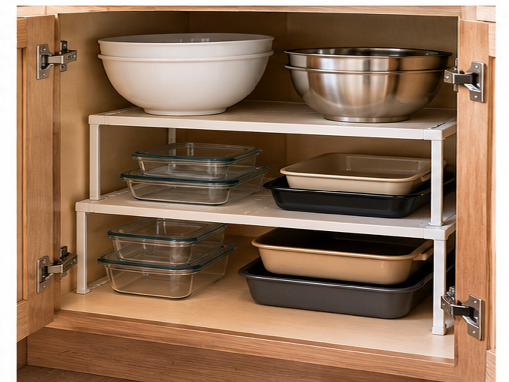 Corner cabinet with shelf risers organizing bowls, food containers, and bakeware