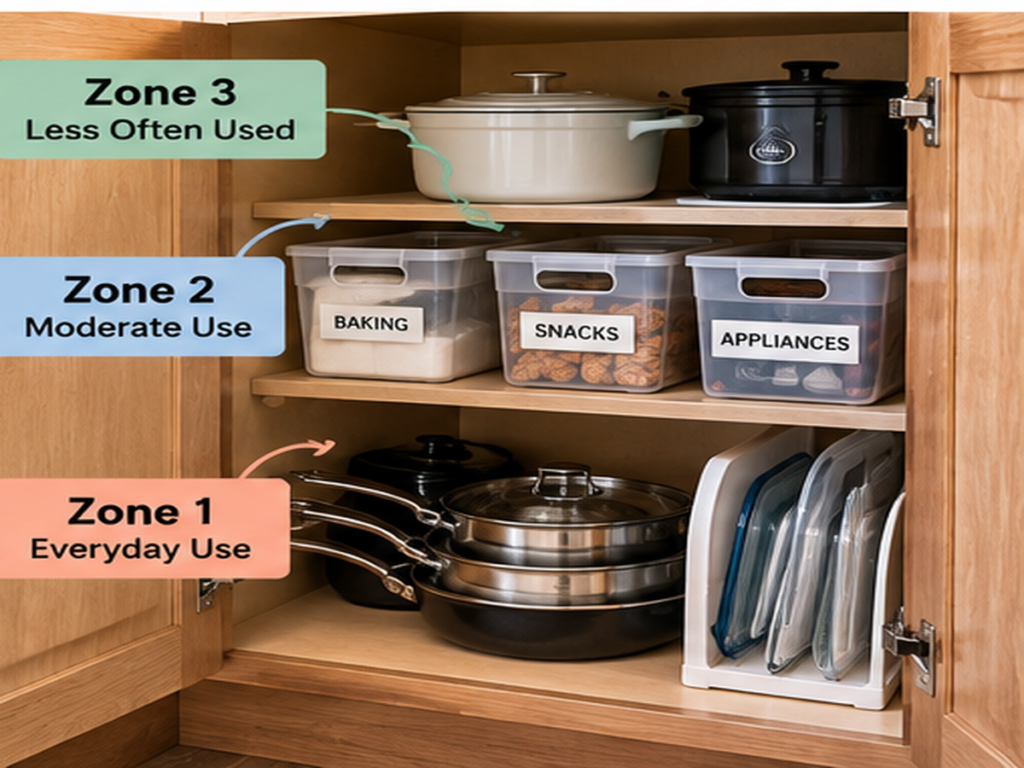 Corner cabinet organized into everyday, moderate-use, and rarely used storage zones