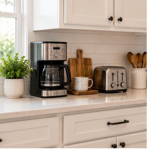 Daily-use kitchen appliances on a clear small kitchen counter
