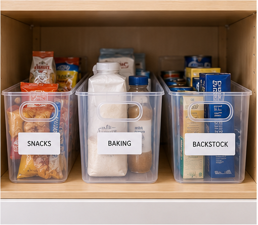 Clear handled bins organizing snacks, baking supplies and backstock in a deep cabinet