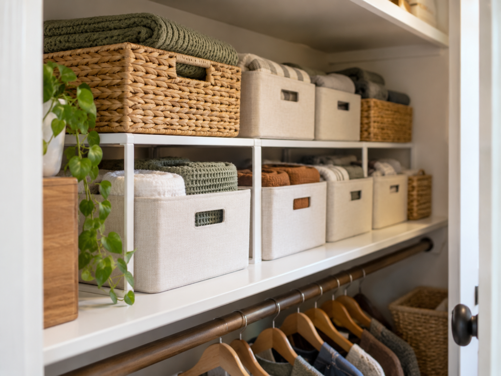 Deep closet shelves with shelf risers and handled storage bins