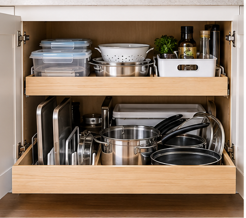 Deep kitchen cabinet organized with pull-out drawers, pans and storage containers