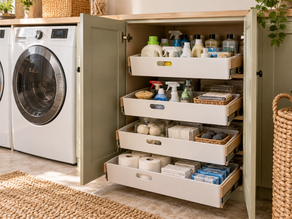 Deep laundry cabinet with pull-out bins for detergent and cleaning supplies