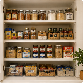 Organized deep pantry shelves with bins, jars and baskets