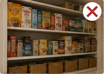 Overcrowded deep pantry shelves with food hidden behind other items