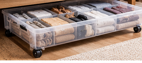 Divided rolling under-bed storage organizer with compartments