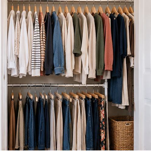 Small closet with double hanging rods for shirts and pants