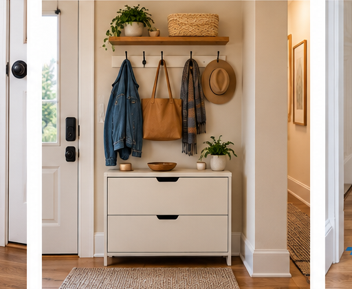 Entryway shoe storage with wall hooks for coats and bags above