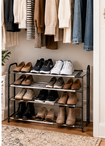 Expandable shoe rack on a shallow closet floor