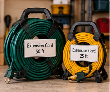 Christmas extension cords stored on heavy-duty cord reels