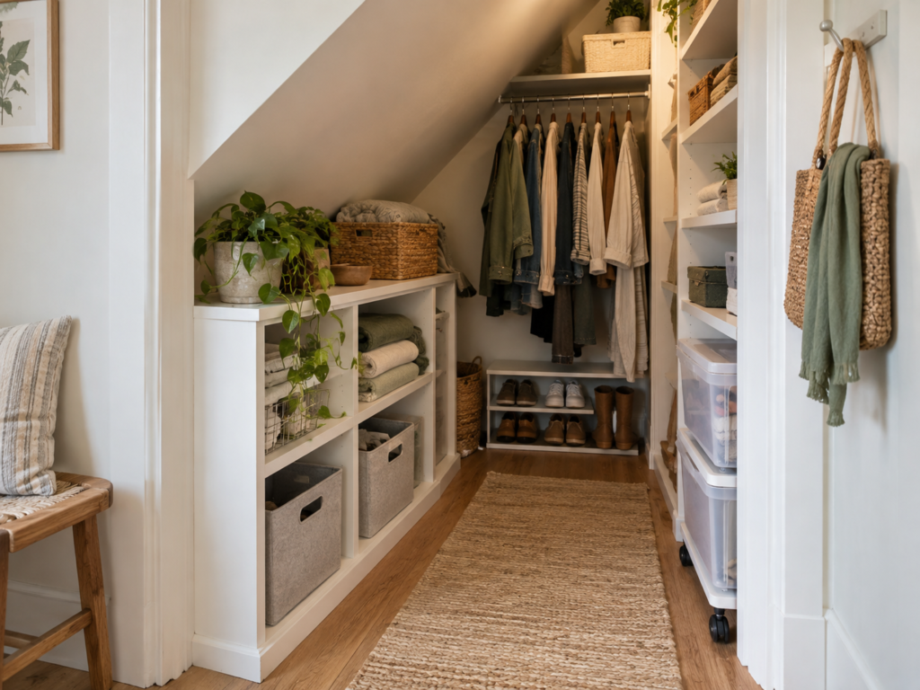Organized awkward closet with clear walking path and mixed storage zones