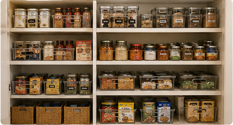 Finished organized deep pantry using bins, baskets and shelf organizers