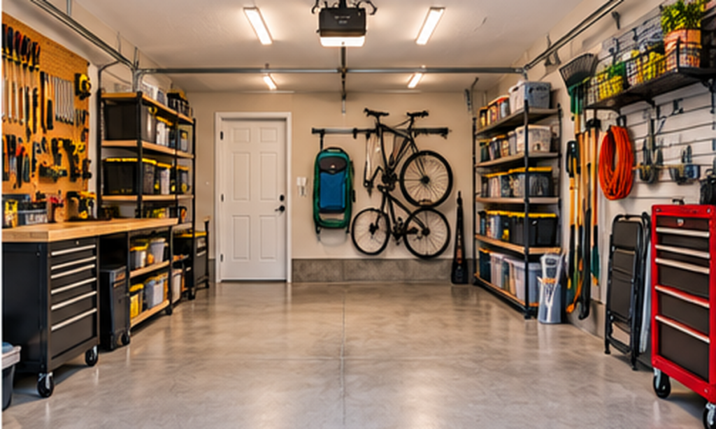 Finished garage with organized wall storage, tools, bikes, shelving, and clear floor space