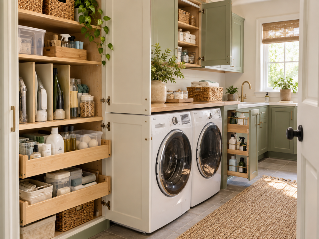 Finished laundry room with organized cabinet interiors, bins, and pull-out storage