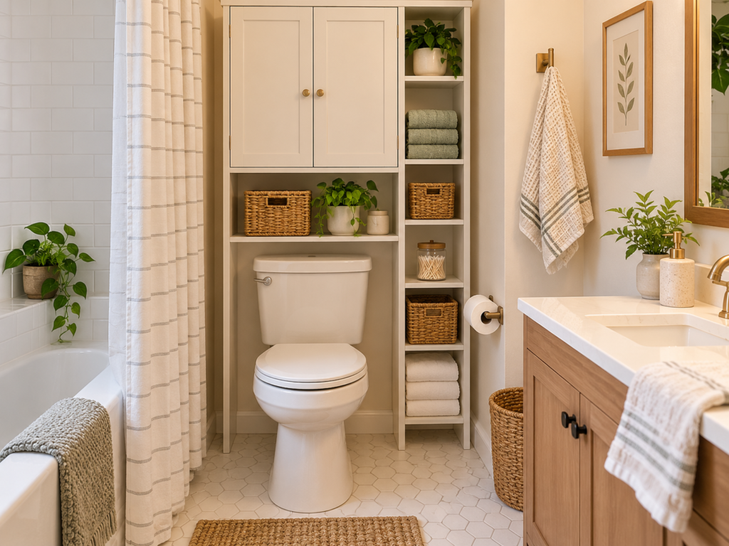 Small bathroom with over-the-toilet cabinet, shelves, baskets, and clear floor space