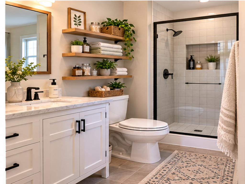 Finished small bathroom with shallow shelves, organized towels and toiletries, and clear floor space