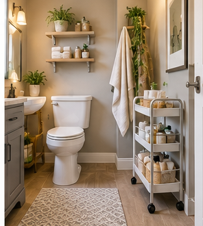 Organized small bathroom with shelves, cart and clear floor space