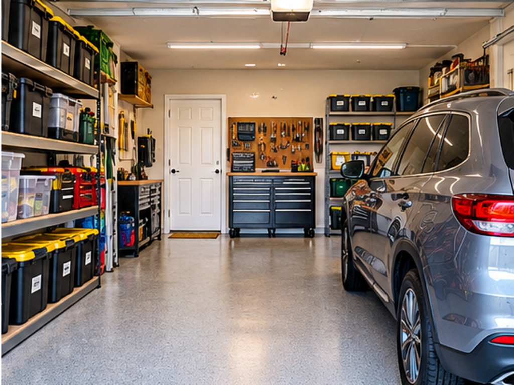 Finished small garage with organized shelving, labeled bins, clear parking space, and open walkway