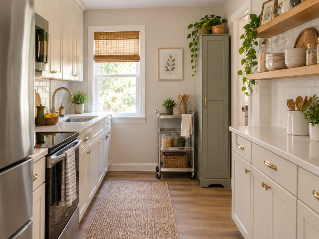 Organized small kitchen with cabinet storage, open shelves and narrow pantry cabinet