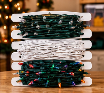 Christmas light strands wrapped on flat cord organizers