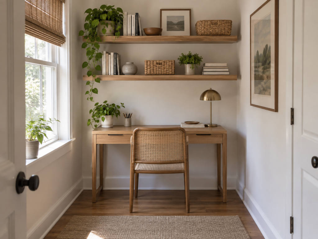 Floating shelves above a desk for vertical storage ideas for small spaces