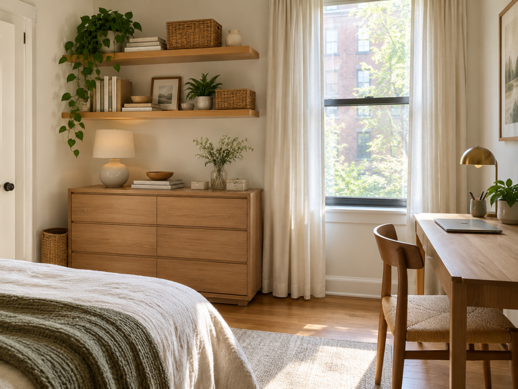 Floating shelves above existing furniture in a small apartment