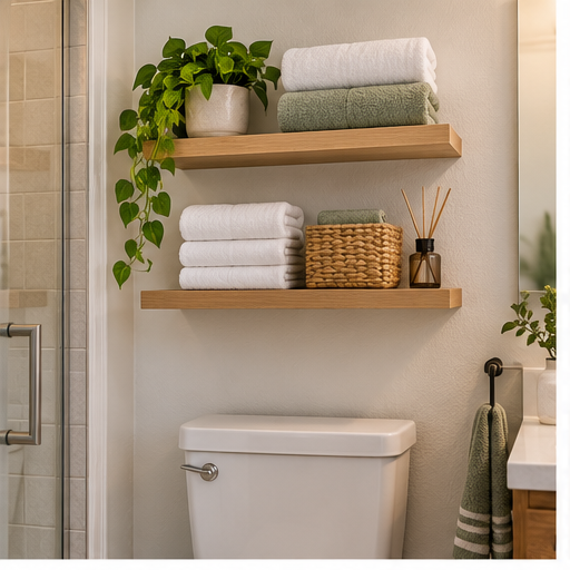 Floating shelves with store towels in a small bathroom