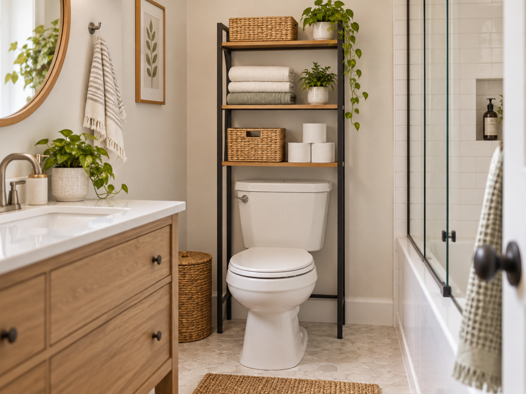 Slim freestanding over-the-toilet storage unit with towels, baskets, and toilet paper