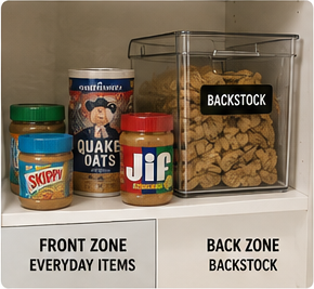 Deep pantry shelf with everyday items in front and backstock behind