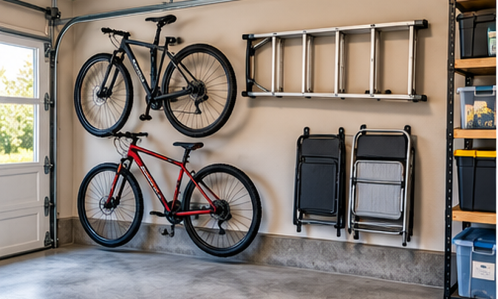 Garage wall storage for bicycles, ladder, and folding chairs above a clear floor area