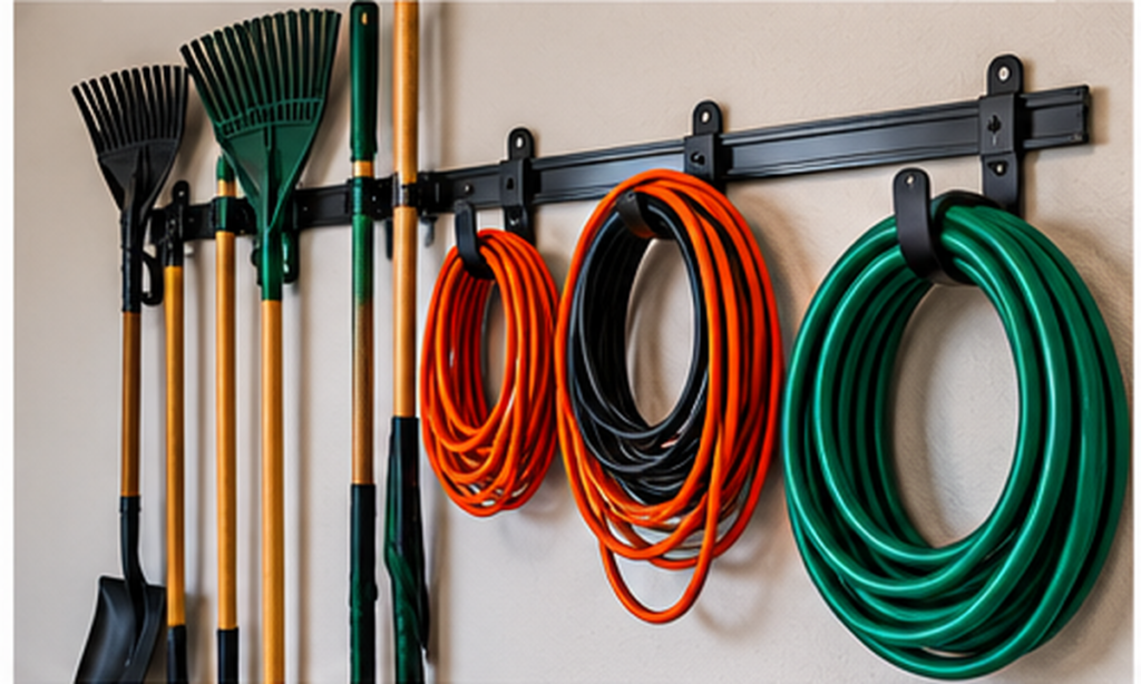 Garage wall hooks holding extension cords, hoses, and long-handled garden tools