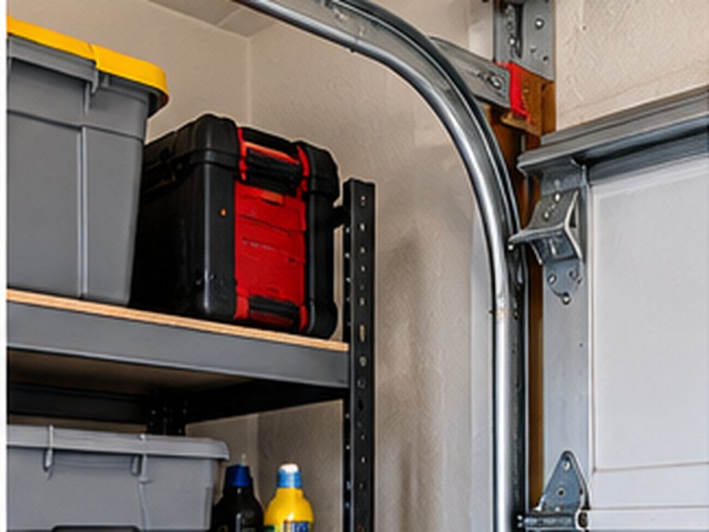 Garage shelving installed beside garage-door tracks with safe clearance