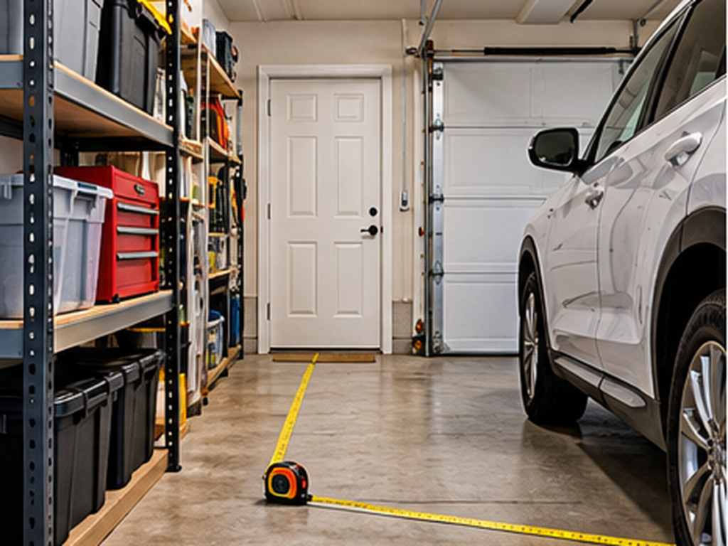 Measuring garage shelving clearance beside a parked car for walking space and door swing