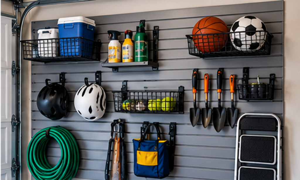 Garage slatwall system holding helmets, sports gear, baskets, tools, and hose storage
