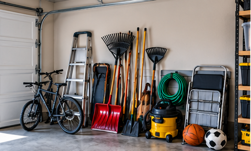 Garage floor with bikes, tools, cords, and folding equipment ready to move onto wall storage