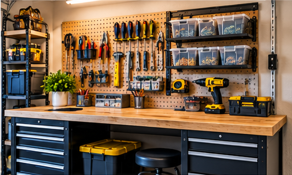 Garage workbench with pegboard, tool storage, bins, and organized hand tools