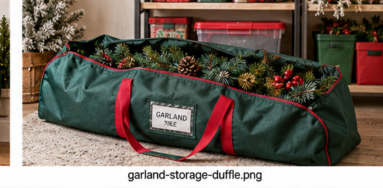 Artificial Christmas garland stored inside a long zippered storage duffle