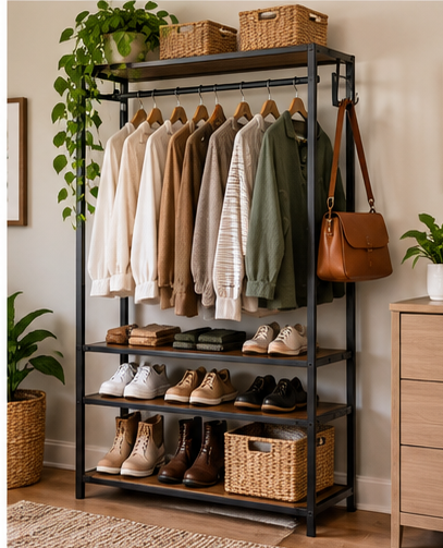 Garment rack with shelves, shoes and baskets in a small bedroom