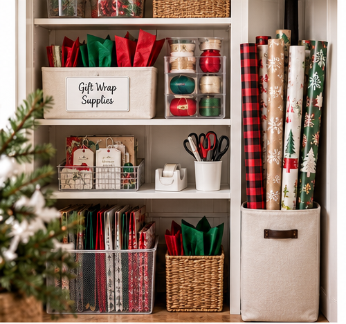 Wrapping paper, gift bags, ribbon, tissue, scissors and tape organized together in a small closet